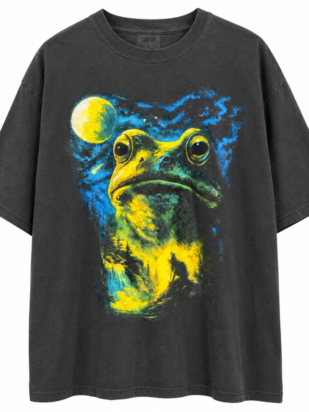 Comfort Colors Black T-Shirt with Yellow & Blue Frog Graphic